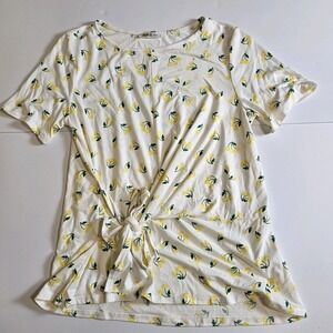 Doubleju Womens M White Cherry‎ Print Top Knot Front Short Sleeve Tee